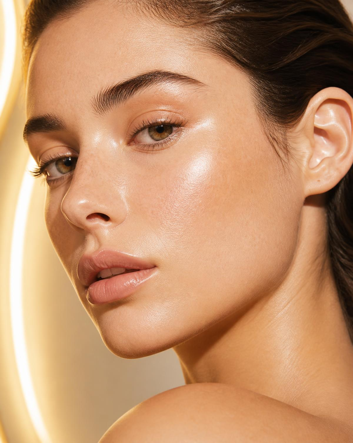 Close-up de pele luminosa e uniforme ap�s o uso noturno do creme